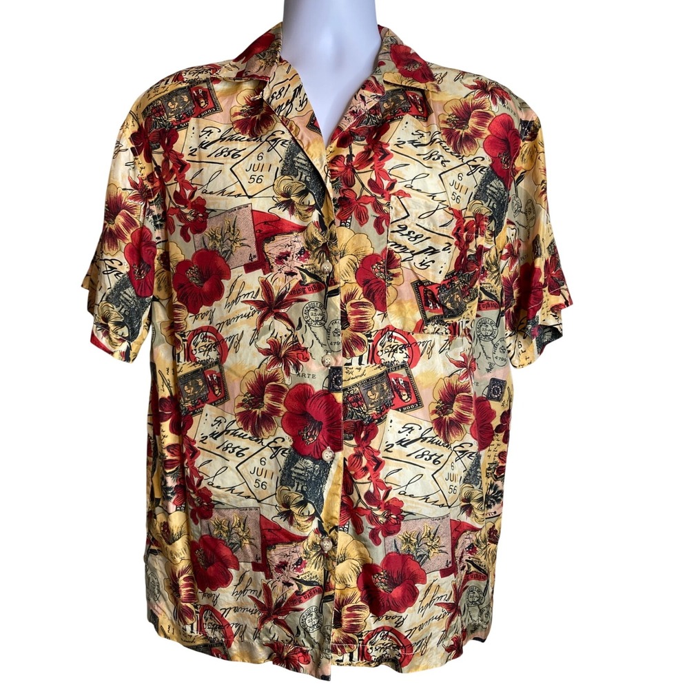 Vintage Jack Mulqueen Mens Button Up Shirt Sz S 100% Silk Floral Postcard Print‎